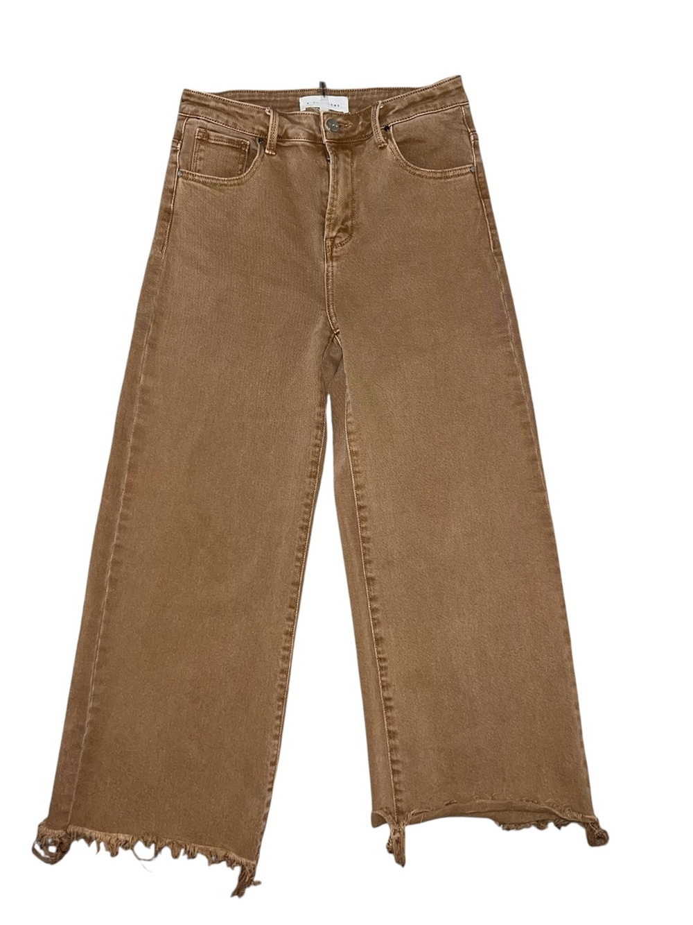 Risen Jeans Camel Color Wide Leg Pants Frayed Hem Tan Denim Size 27